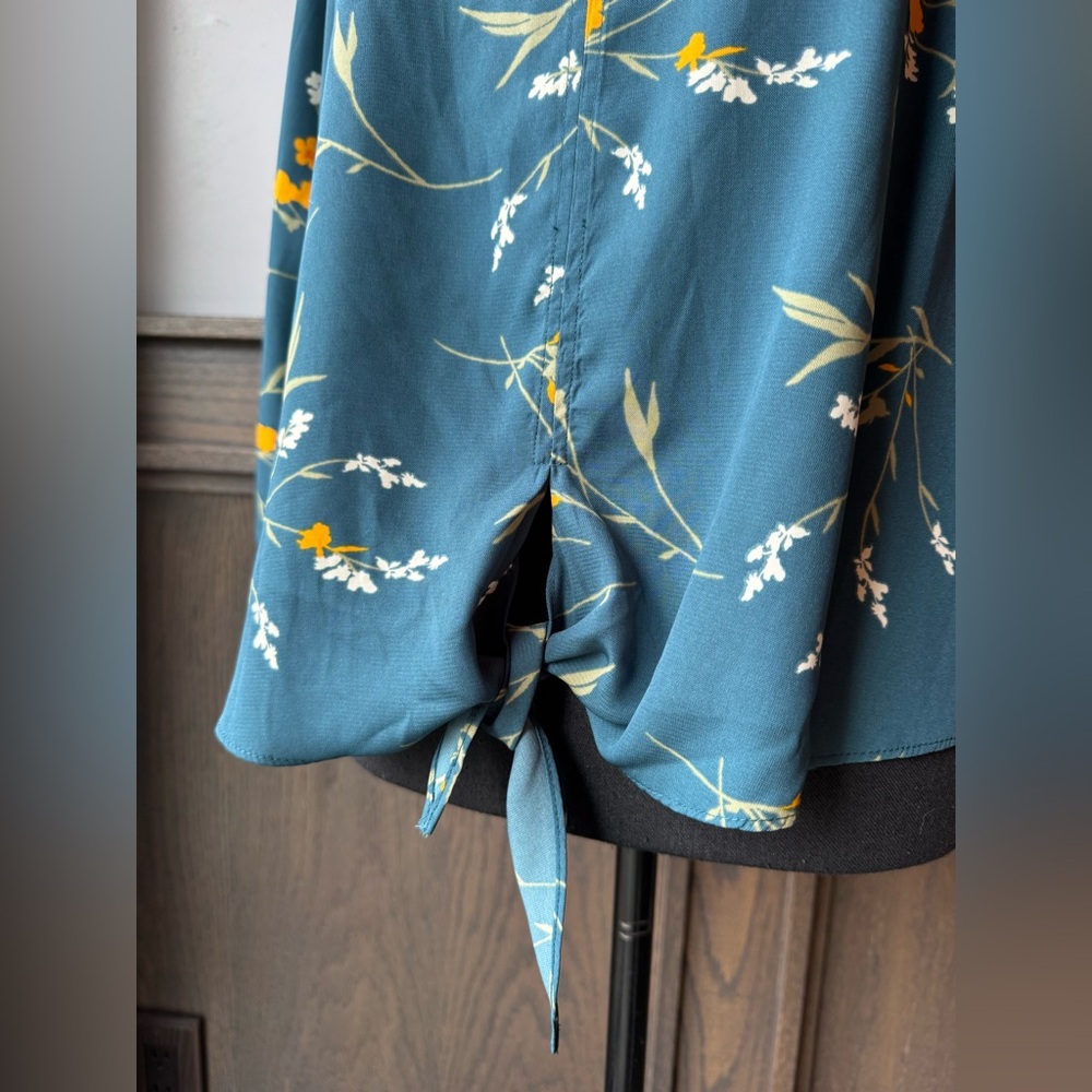 Collective Concepts Teal Floral Tie-Hem Blouse with Yellow Accents MP - Picture 6 of 7
